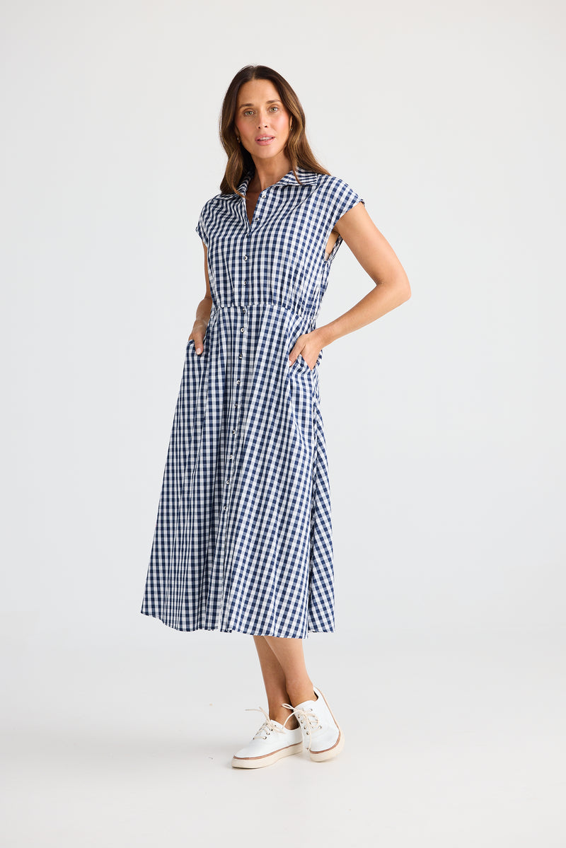 Musings Dress Navy Gingham – 100% cotton midi shirt dress