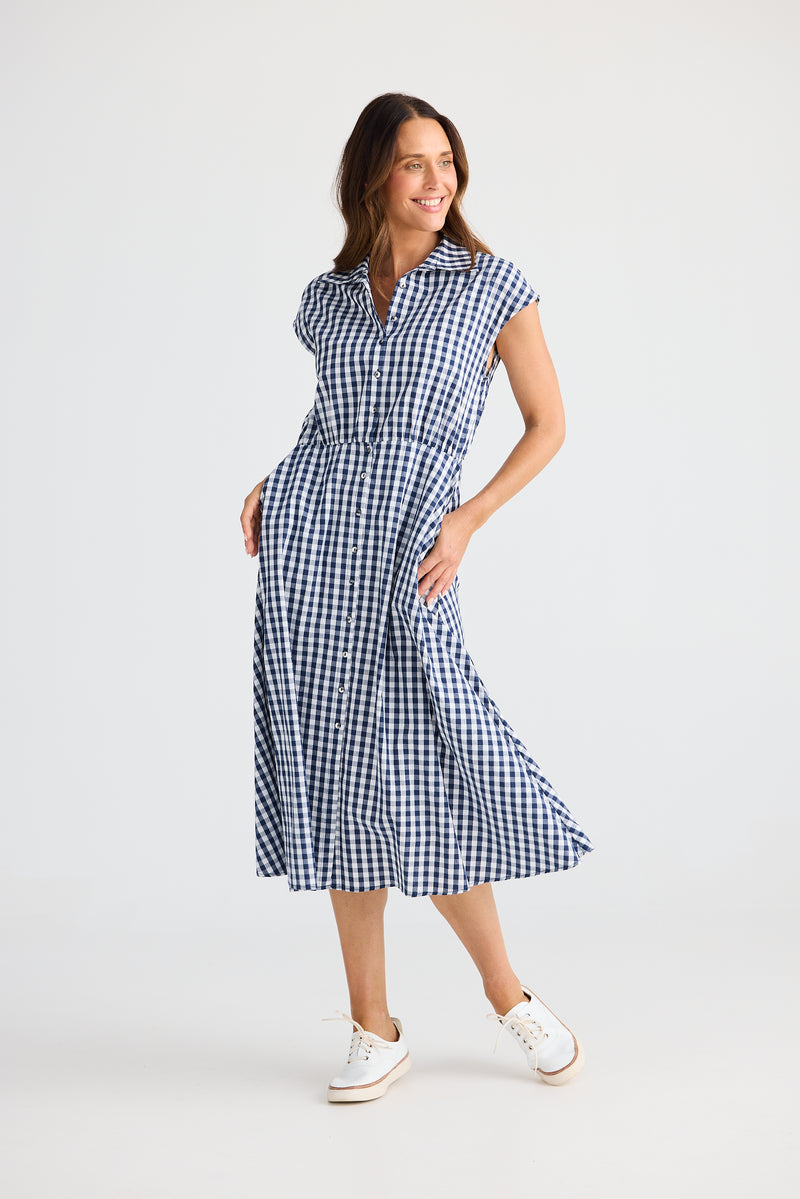 Musings Dress – Navy Gingham | 100% Cotton Midi Shirt Dress