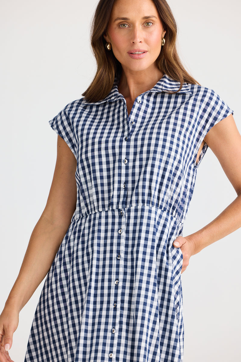 Musings Dress – Navy Gingham | 100% Cotton Midi Shirt Dress