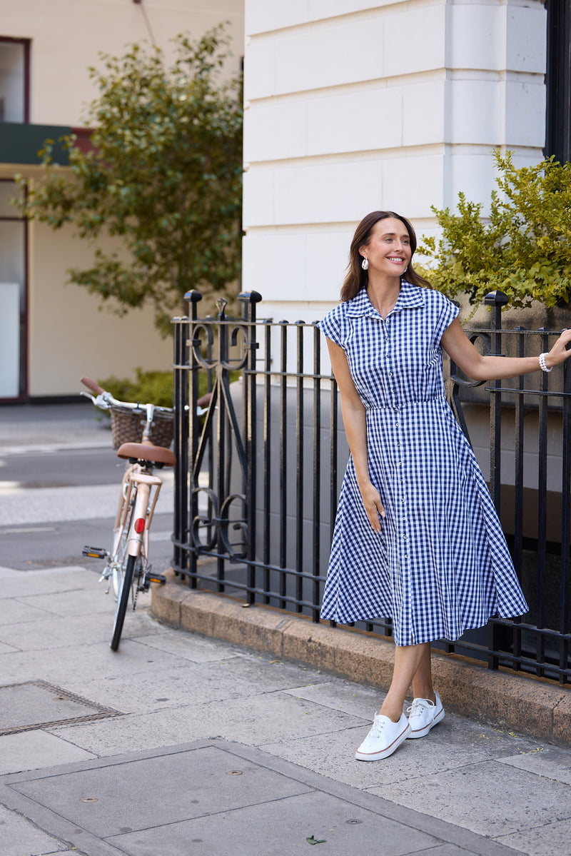 Musings Dress – Navy Gingham | 100% Cotton Midi Shirt Dress
