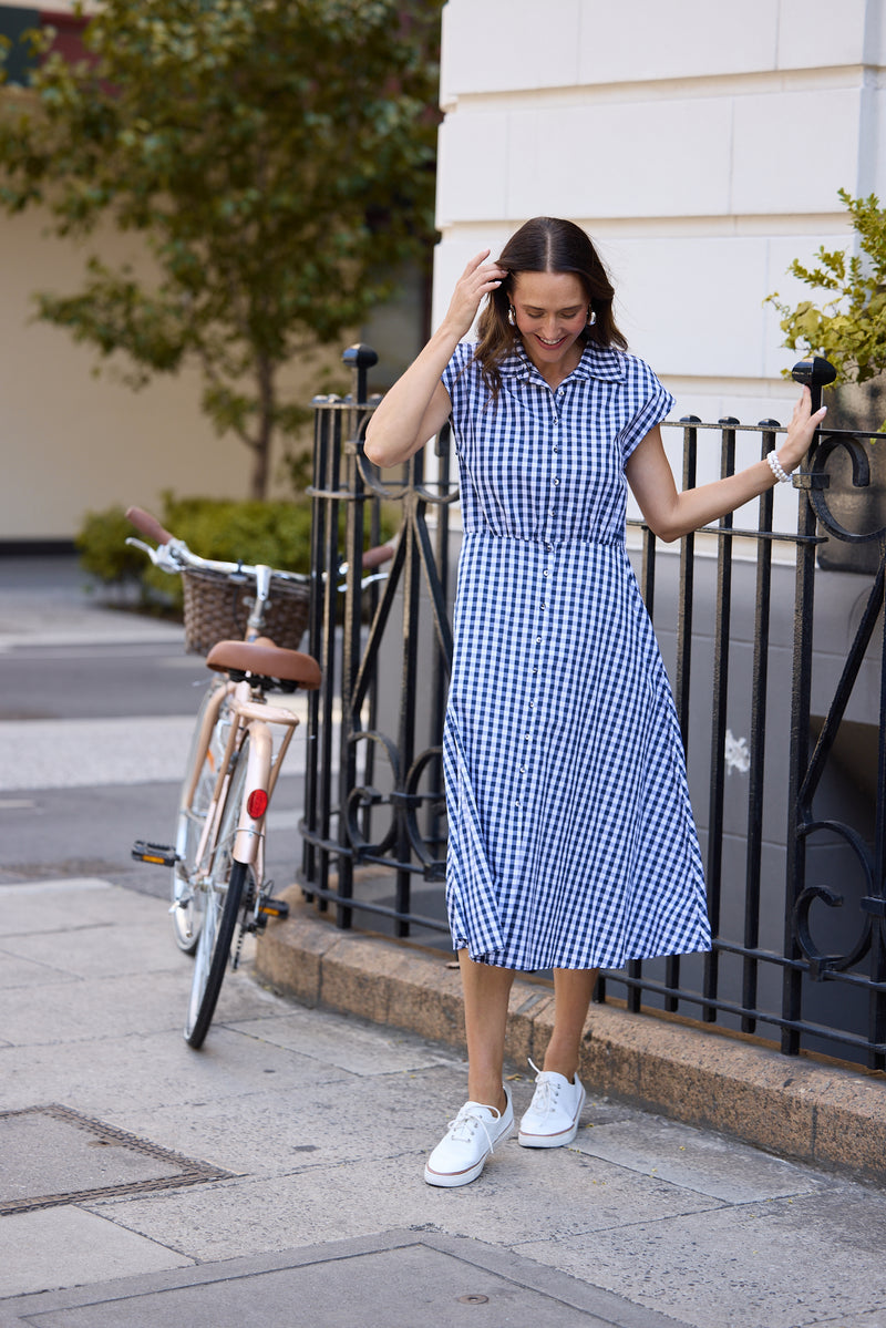 Musings Dress – Navy Gingham | 100% Cotton Midi Shirt Dress