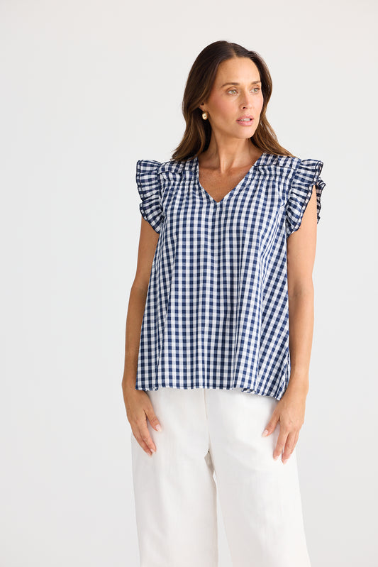 Paz Top – Navy Gingham | 100% Cotton V-Neck Blouse