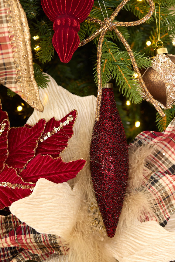 Burgundy caviar long drop Christmas ornament with textured finish – elegant hanging decoration. Red decoration on christmas tree.