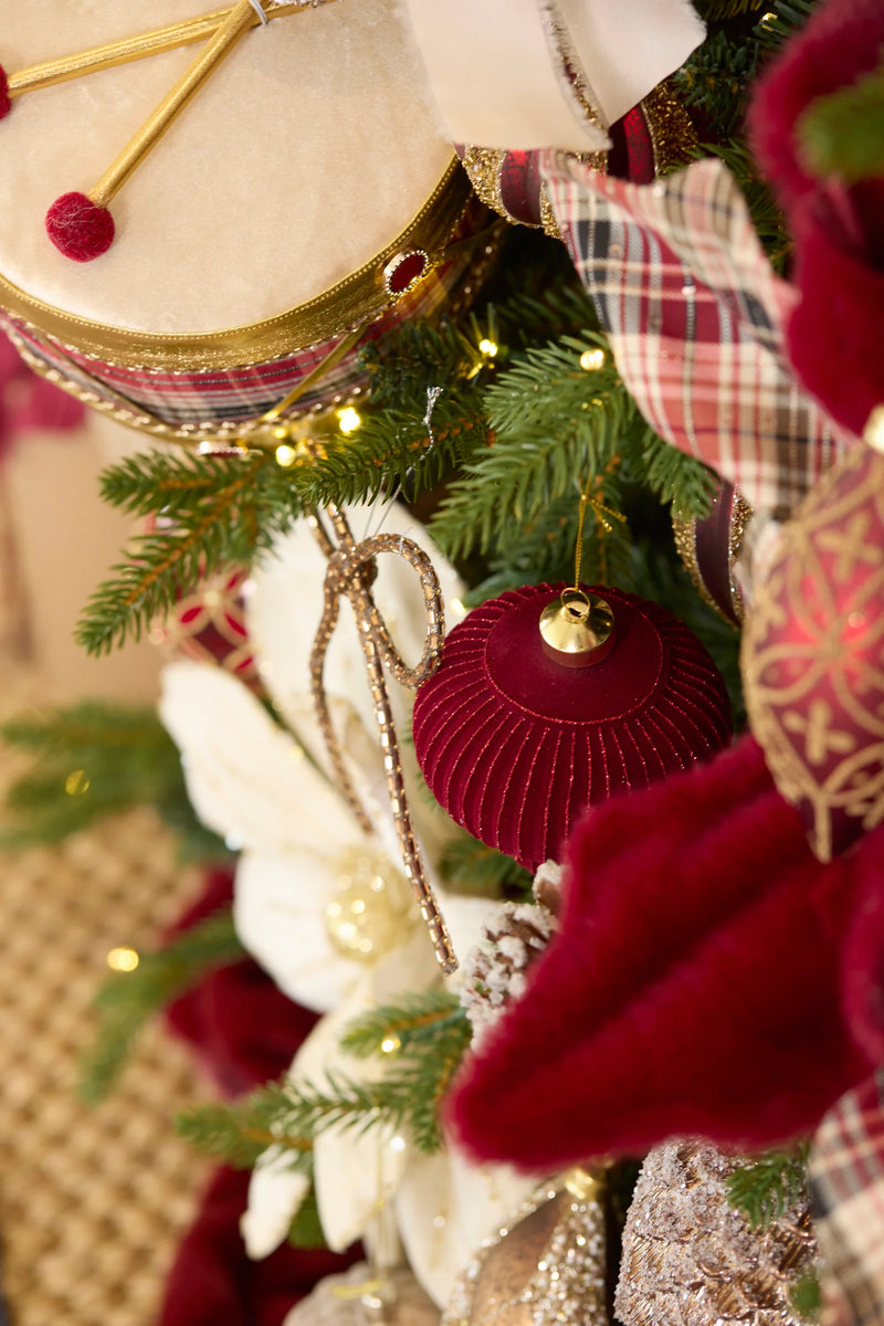 Burgundy velvet ribbed glass Christmas finial – elegant festive hanging decoration. Red hanging tree decoration on christmas tree.