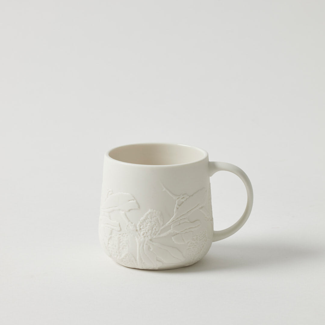 Banksia Mug 328 mL featuring embossed floral porcelain design