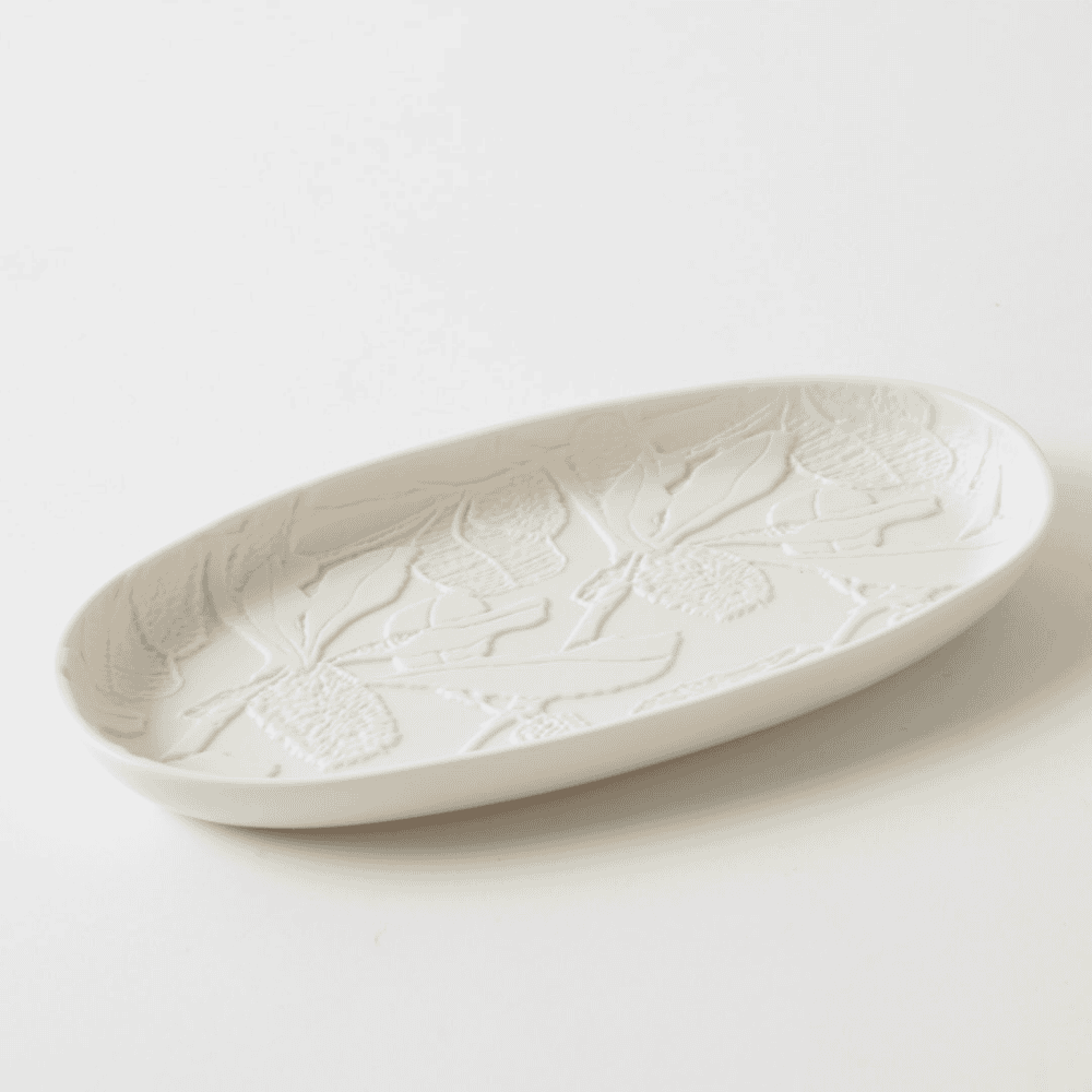Banksia Oval Plate with embossed floral porcelain design