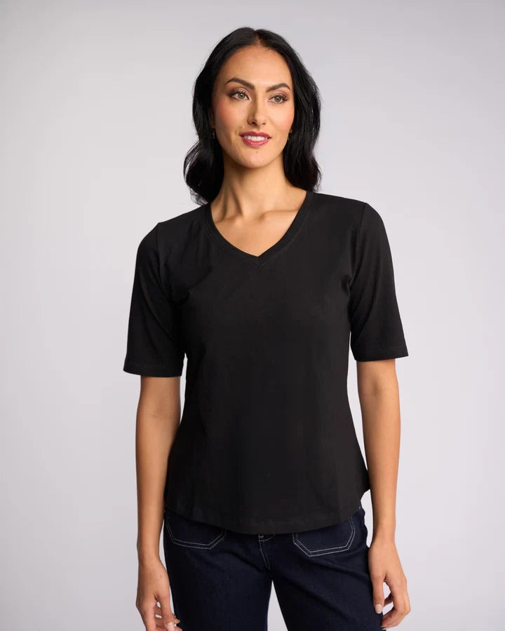 Vassalli Base Tee in Black women's V-neck cotton T-shirt.