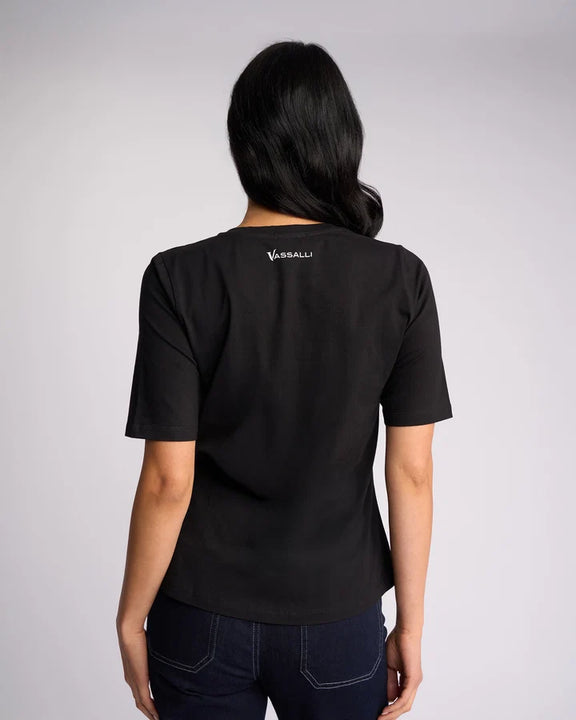 Black Vassalli women's relaxed fit 100% cotton tee.