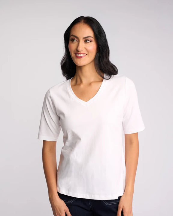 Vassalli Base Tee in White women's V-neck cotton T-shirt.