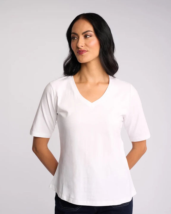 Women's white V-neck everyday T-shirt by Vassalli.