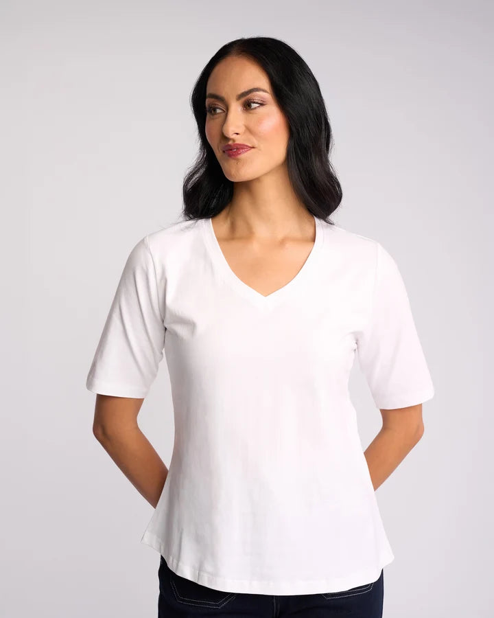 Women's white V-neck everyday T-shirt by Vassalli.