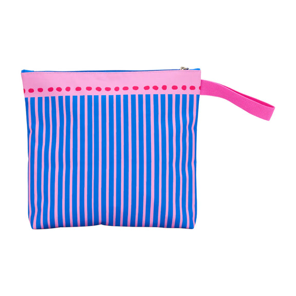 Striped pouch with pink top and handle on a white background