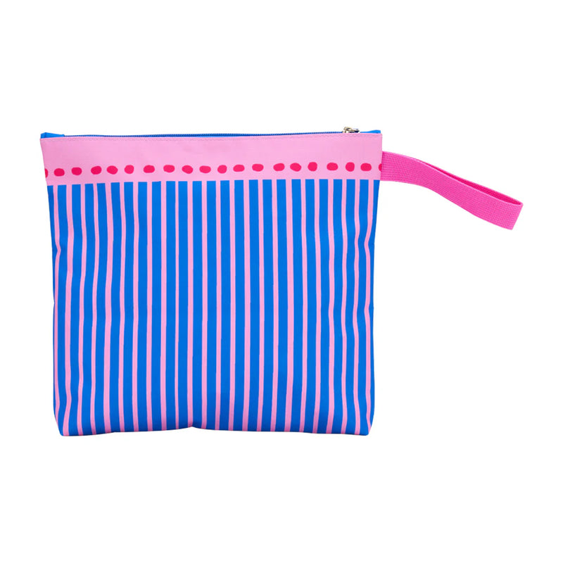 Striped pouch with pink top and handle on a white background