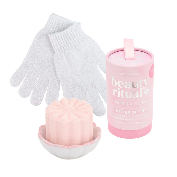 Beauty Ritual Shower Gift Set Dusty Pink – Lavender & Chamomile with gloves, dish, and steamer