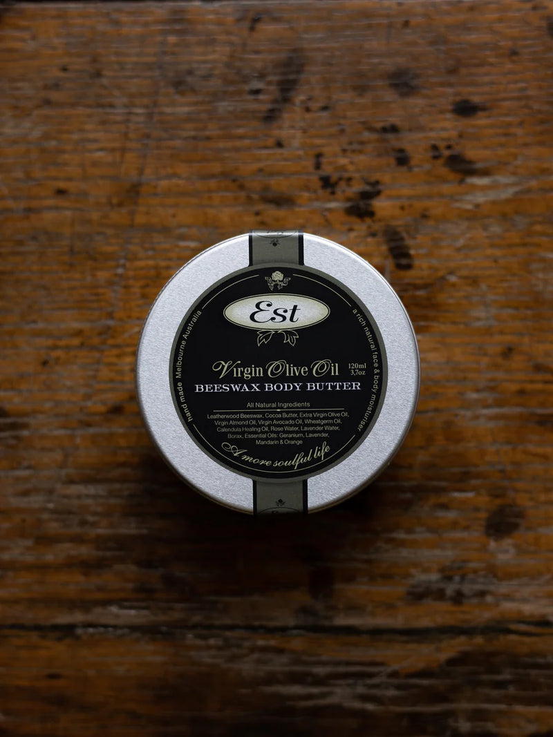Est Australia Beeswax Body Butter Large in a 250ml aluminium tin.
Large Australian body butter with organic beeswax, cocoa butter and botanical oils.