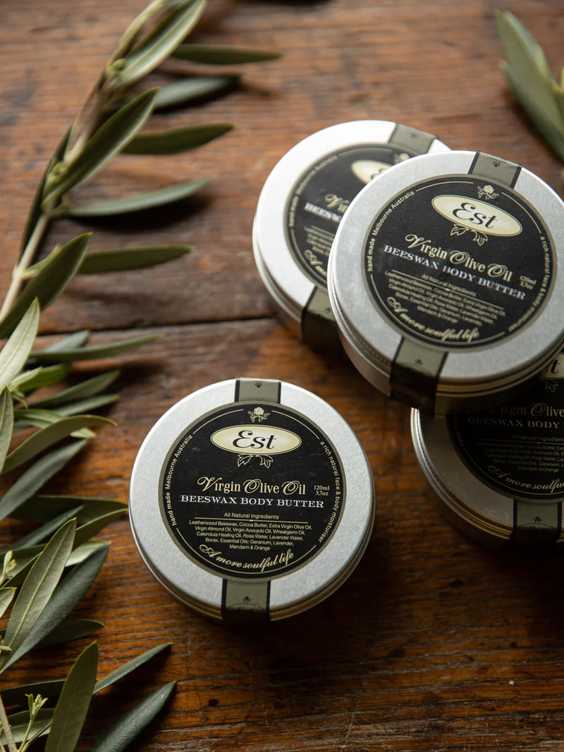 Est Australia 250ml natural body moisturiser in a reusable aluminium tin.Thick beeswax body butter with lavender, citrus and geranium essential oils.