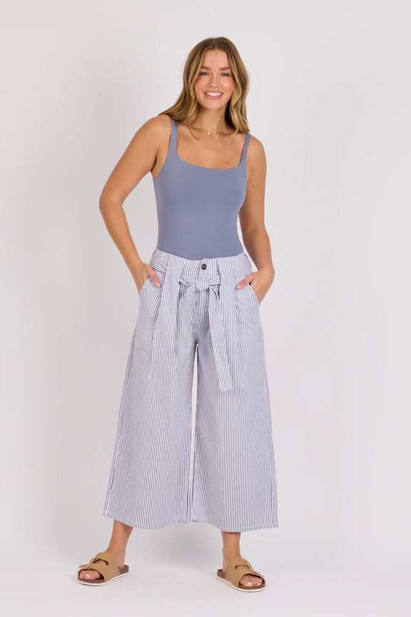 Blue Stripe culotte pants with coordinating waist belt detail