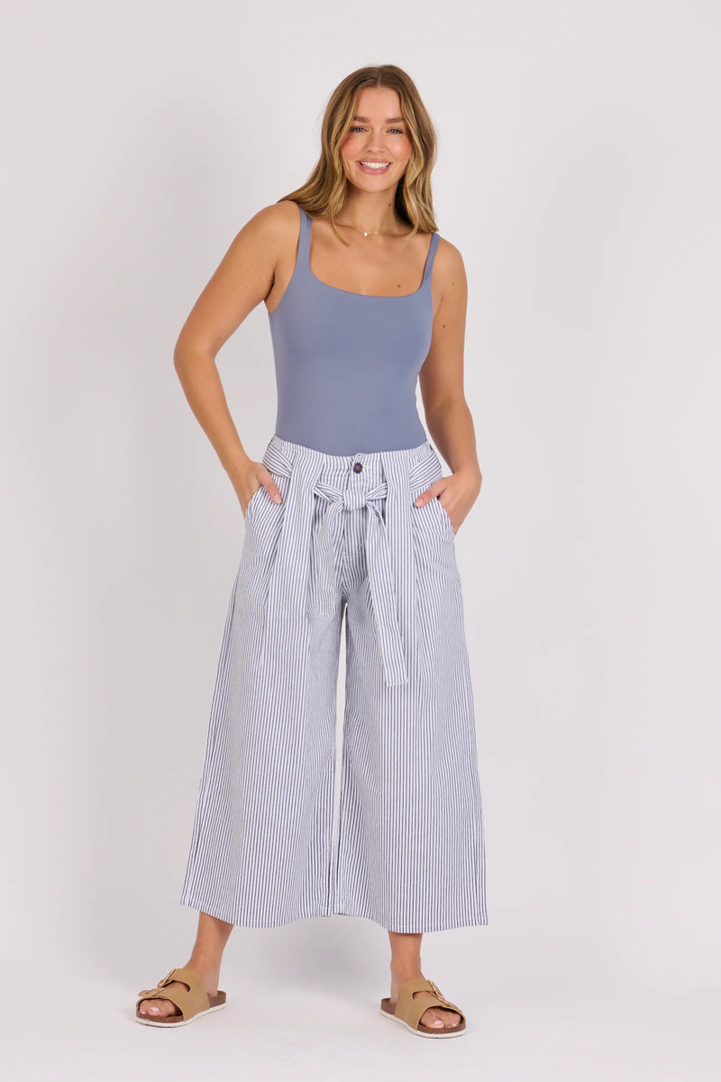Blue Stripe culotte pants with coordinating waist belt detail
