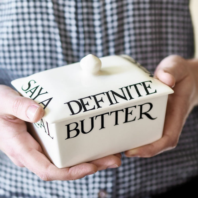 English earthenware butter dish with witty lettering