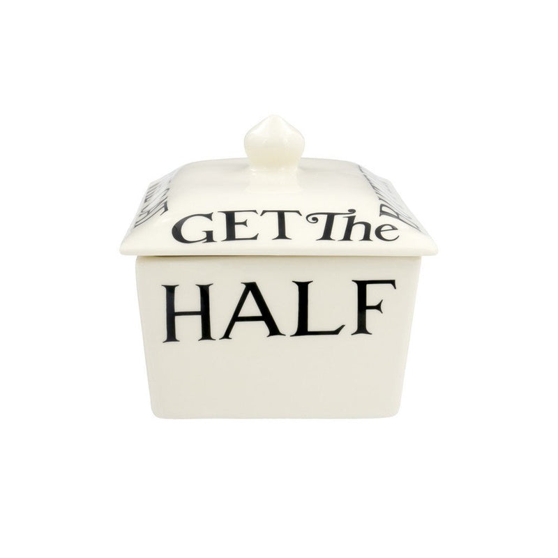 English earthenware butter dish with Black Toast typography.