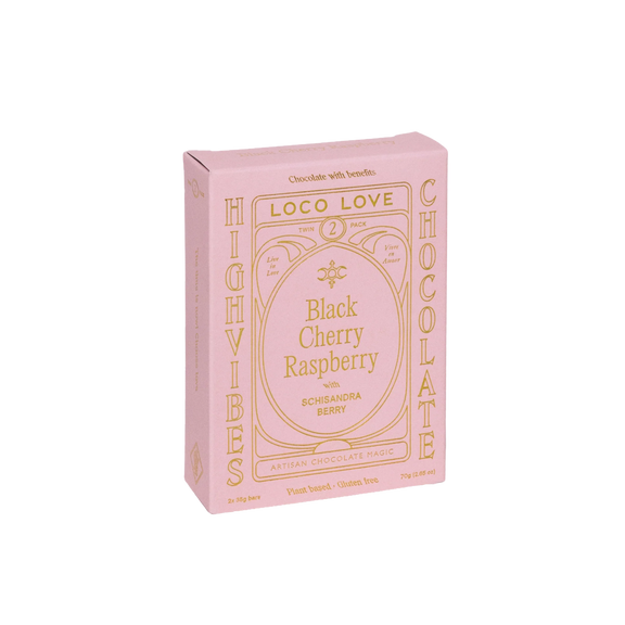 Loco Love Black Cherry Raspberry Twin Pack with two dark chocolates featuring cherry and raspberry.