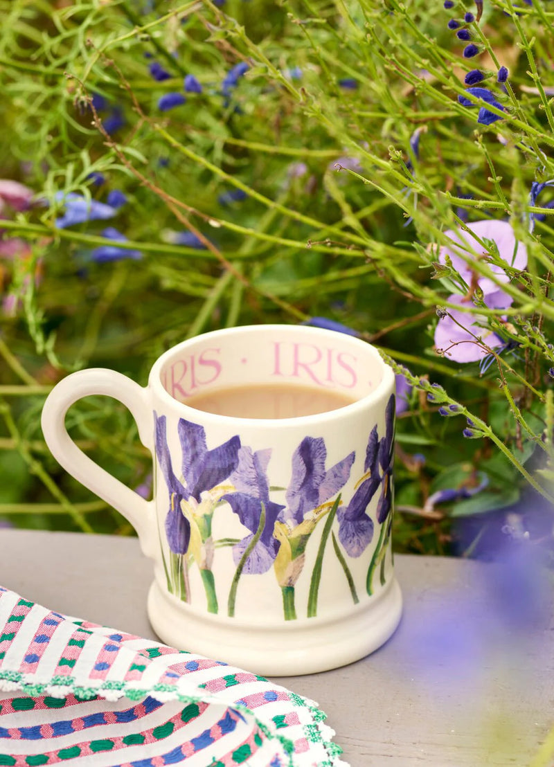 Handmade English earthenware mug – blue iris flower