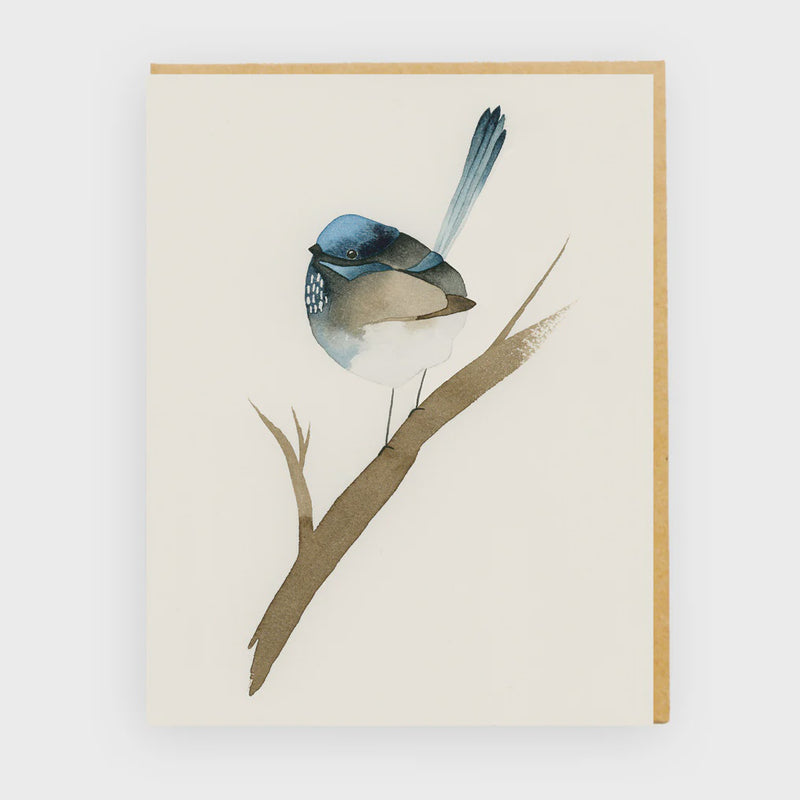Illustration of a blue bird perched on a branch with a beige border
