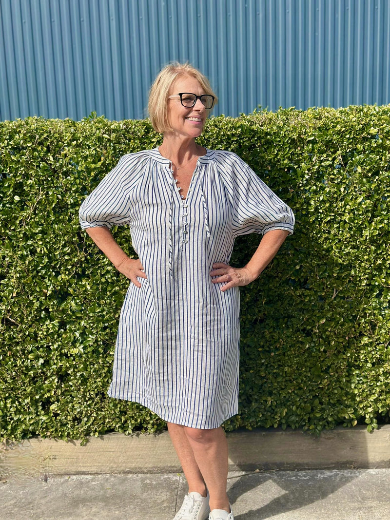 Naturals Blueberry Stripe Dress – 100% linen summer dress