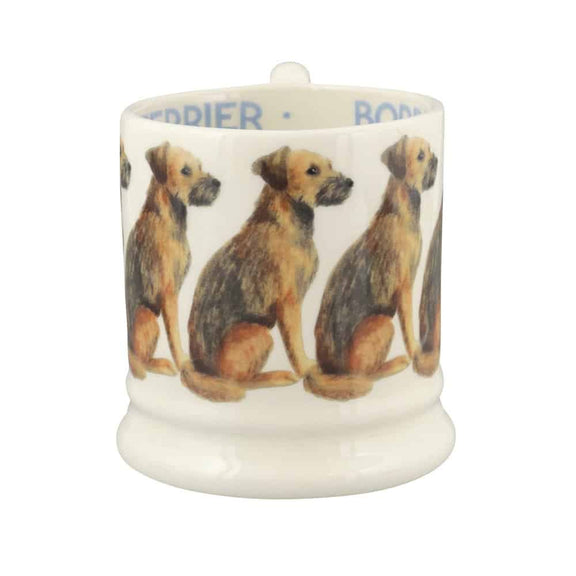 Handcrafted pottery mug made in Stoke-on-Trent featuring a Border Terrier design and gift box.