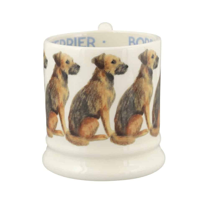 Handcrafted pottery mug made in Stoke-on-Trent featuring a Border Terrier design and gift box.