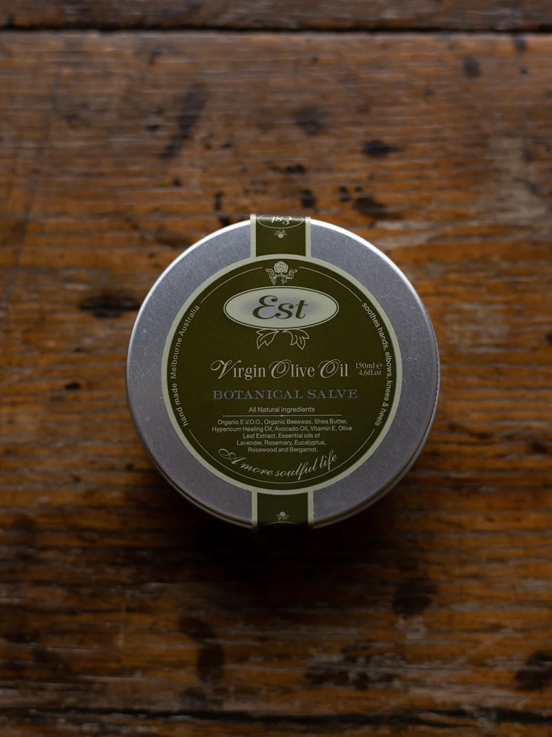 Small Est Australia Botanical Salve 150ml in an aluminium tin.
Natural botanical skin salve with shea butter, avocado oil and organic beeswax.
