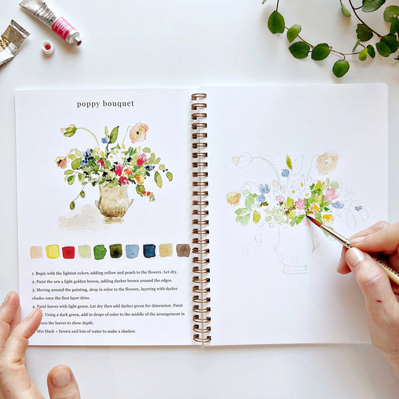 Spiral bound watercolour workbook with floral bouquet artwork