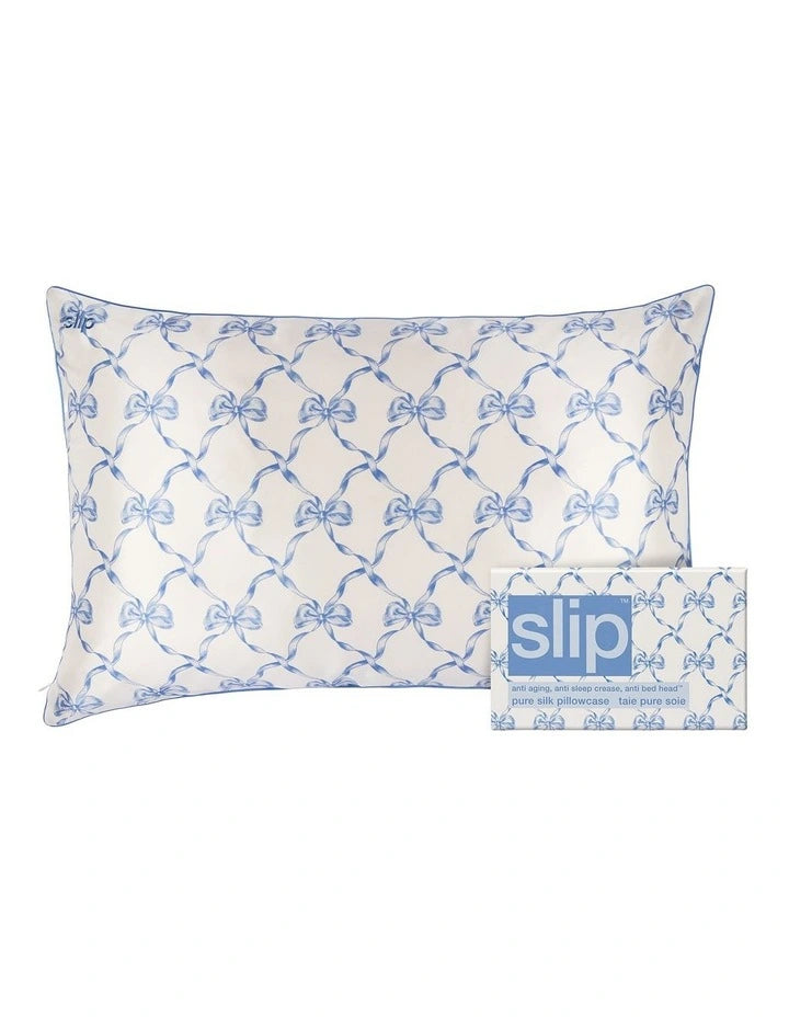 silk pillowcase white blue bow queen size