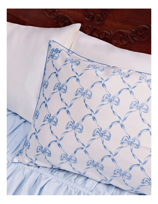 silk pillowcase white blue bow queen size - styled on bed