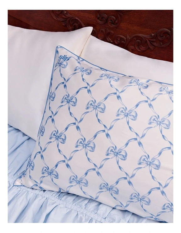 silk pillowcase white blue bow queen size - styled on bed