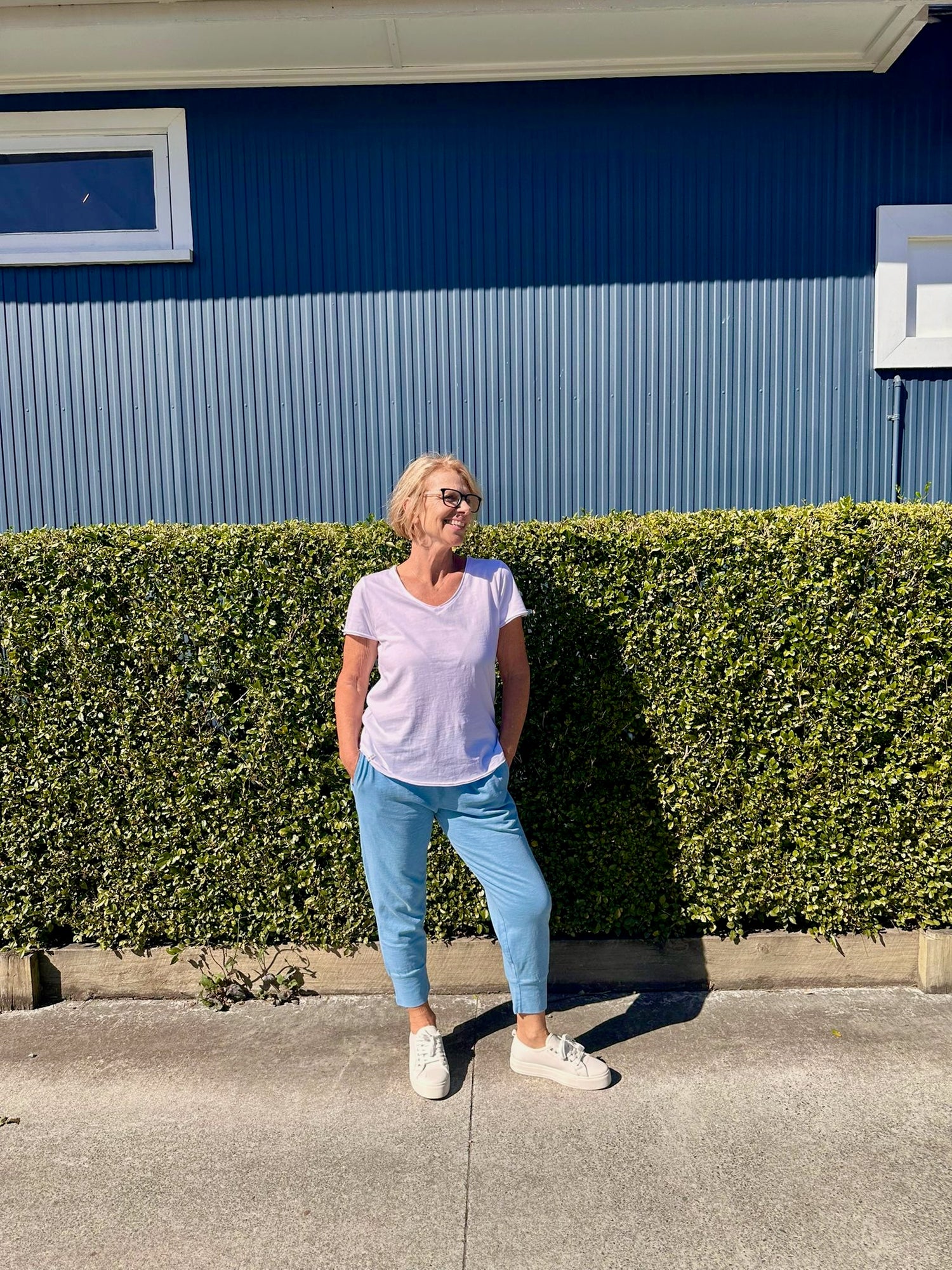 Brunch Pant Dusk Blue with White Tshirt