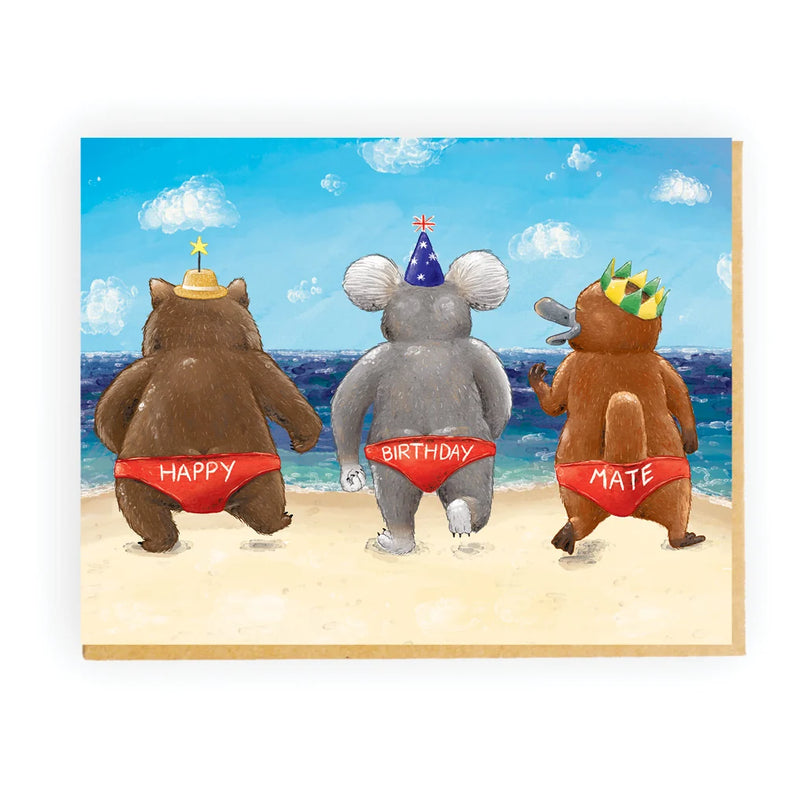 Happy Birthday Mate Australian card featuring native animals in red budgie smugglers