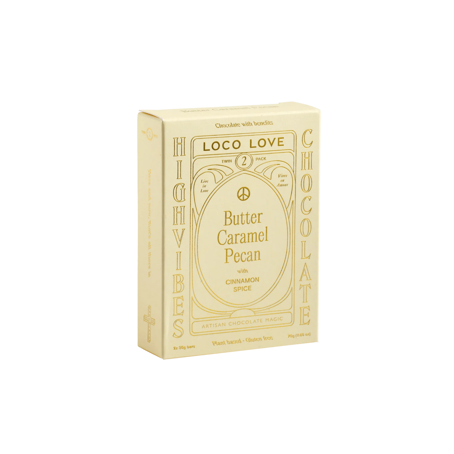 Loco Love Butter Caramel Pecan Twin Pack containing two dark chocolates with roasted pecans.