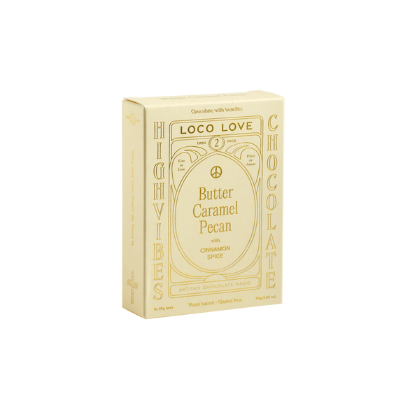 Loco Love Butter Caramel Pecan Twin Pack containing two dark chocolates with roasted pecans.