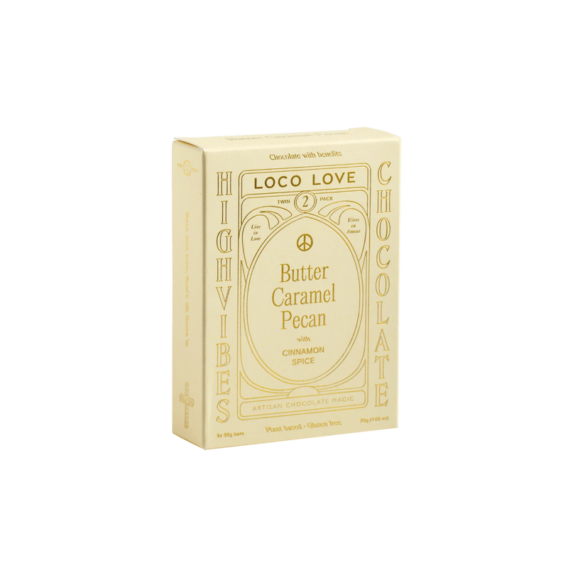 Loco Love Butter Caramel Pecan Twin Pack containing two dark chocolates with roasted pecans.