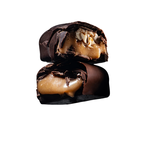 Twin pack artisan chocolates with caramel, maple, cinnamon and crunchy roasted pecans.
