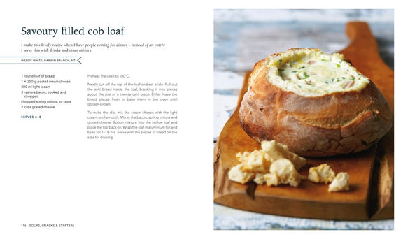 Savoury filled cob loaf on a wooden board with text on a recipe page.
