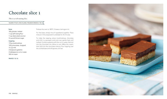 Chocolate slice on a plate with recipe text on the left side