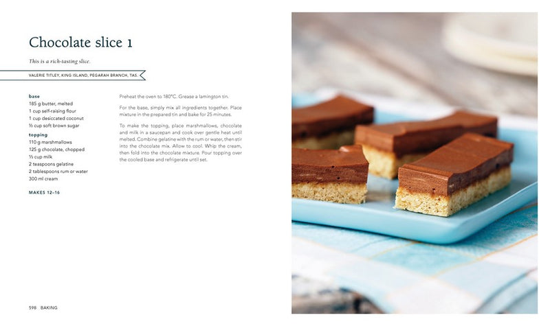 Chocolate slice on a plate with recipe text on the left side