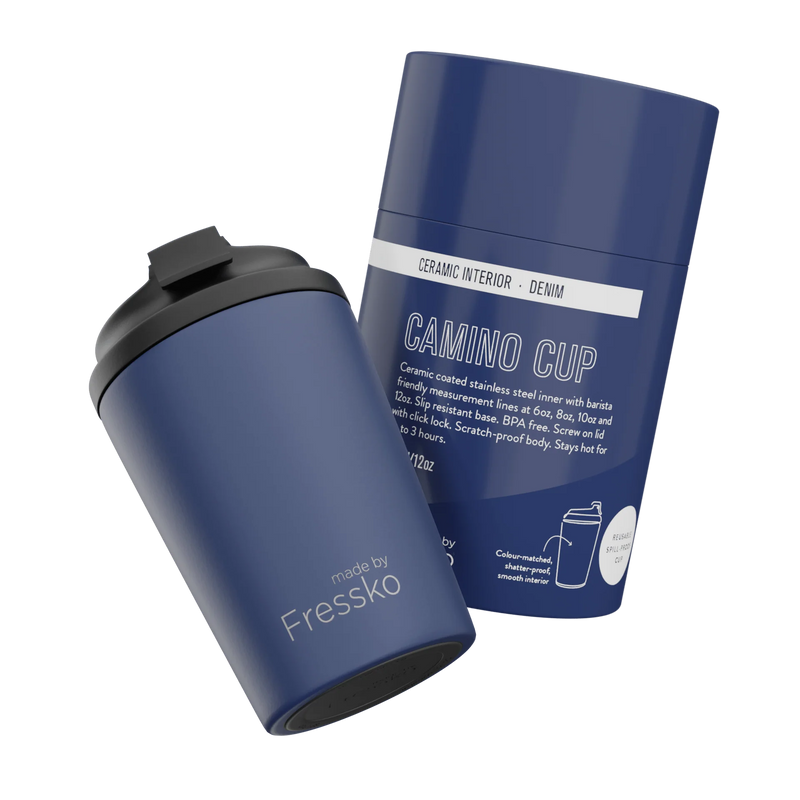 Ceramic Camino 12oz Denim reusable cup styled for everyday coffee