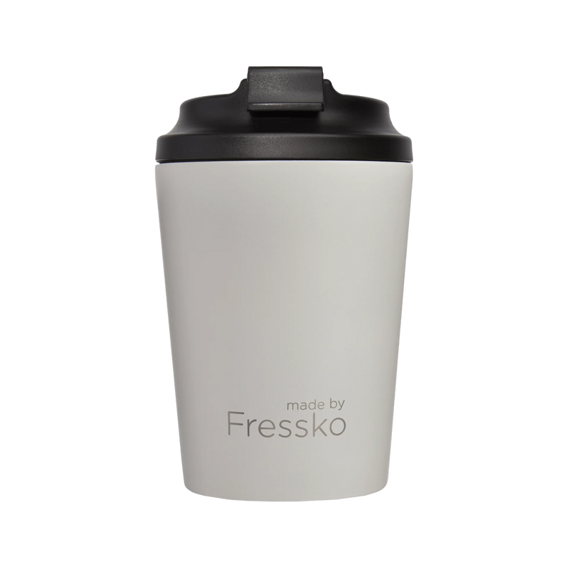 Fressko Ceramic Camino reusable coffee cup in Frost with ceramic-lined interior and click-back lid.