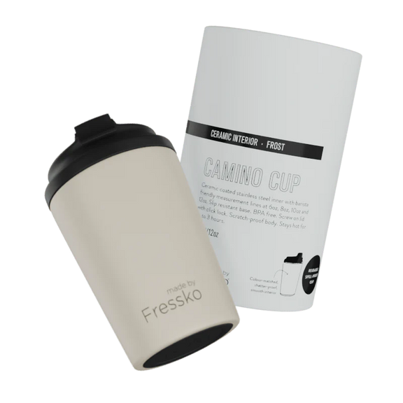 Frost 340ml insulated reusable coffee cup featuring a shatterproof ceramic lining.