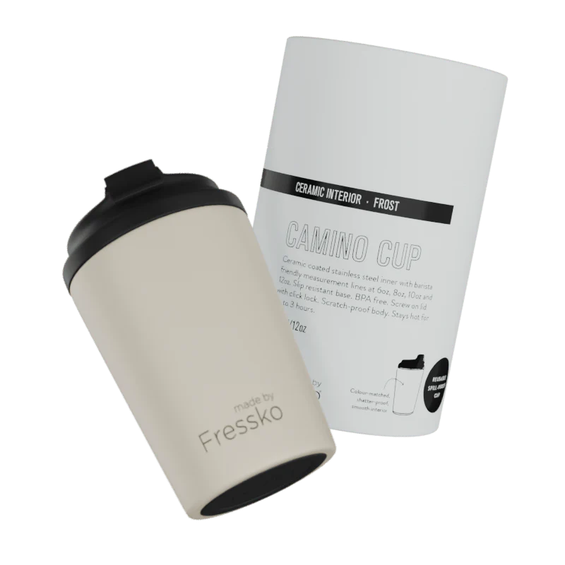 Frost 340ml insulated reusable coffee cup featuring a shatterproof ceramic lining.