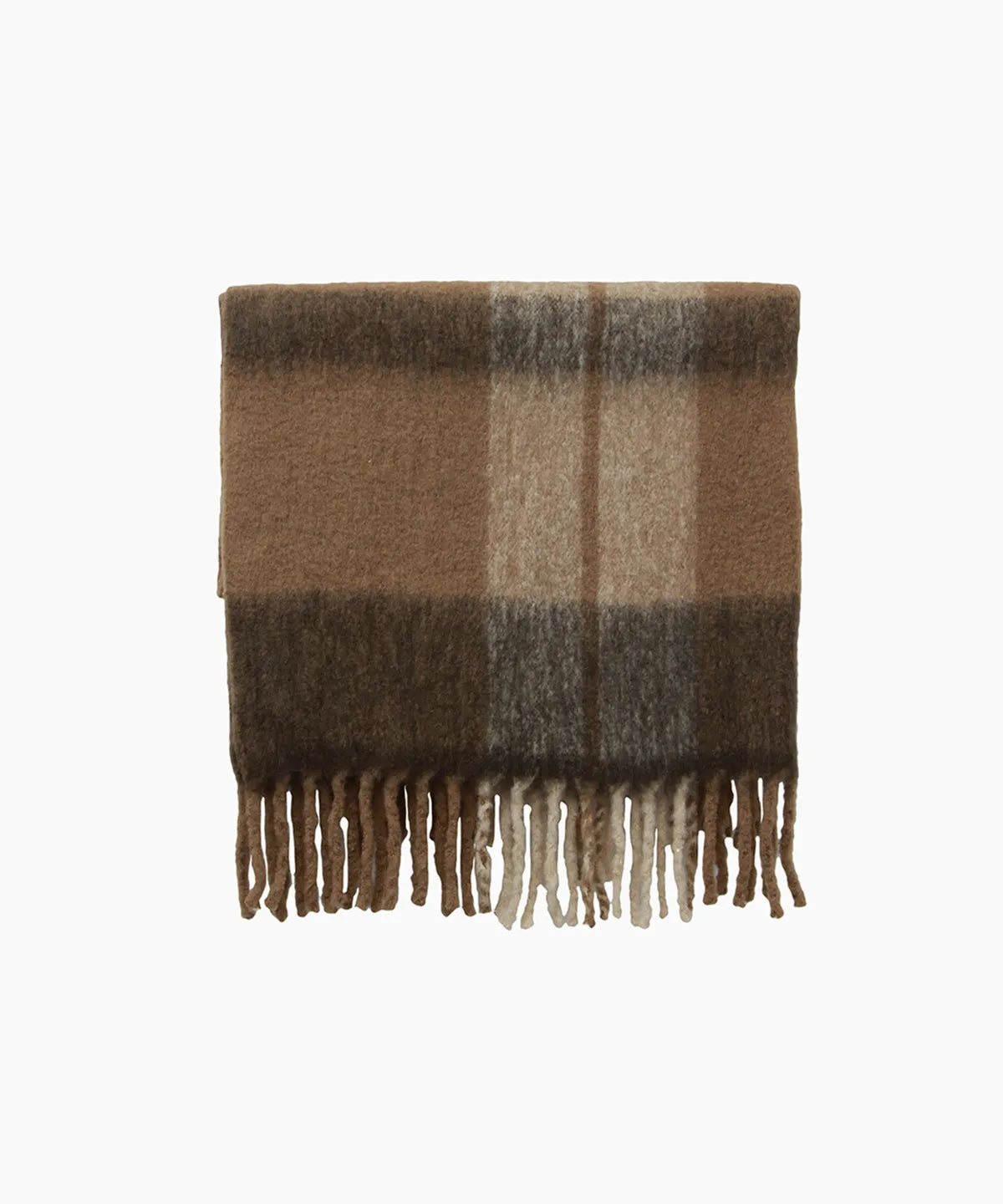 Canopy Plaid Tassel Throw in warm brown, taupe, beige and muted earthy tones with decorative tassels.