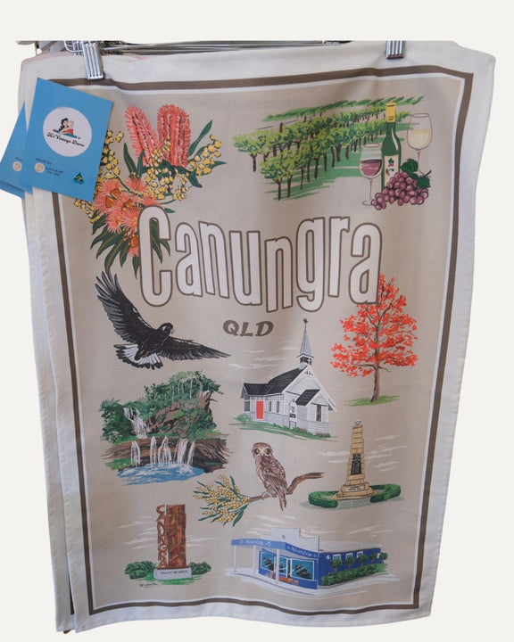 Australian made Canungra tea towel with local landmarks and scenery